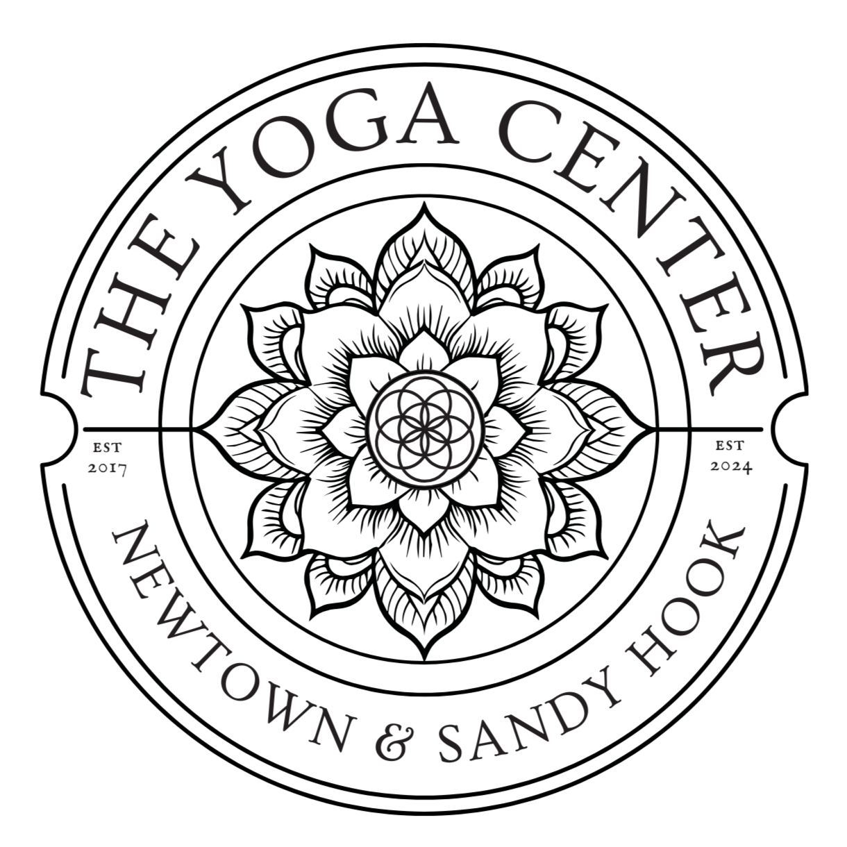 Logo for The Yoga Center of Ne Sandy Hook, established 2017, with a circular emblem and floral design in the center.