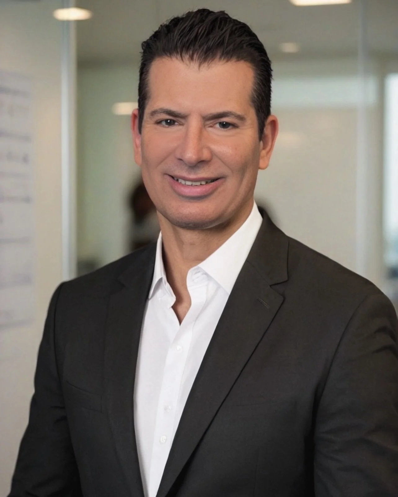 Professional man in a black suit and white shirt smiling, standing in an office corridor.