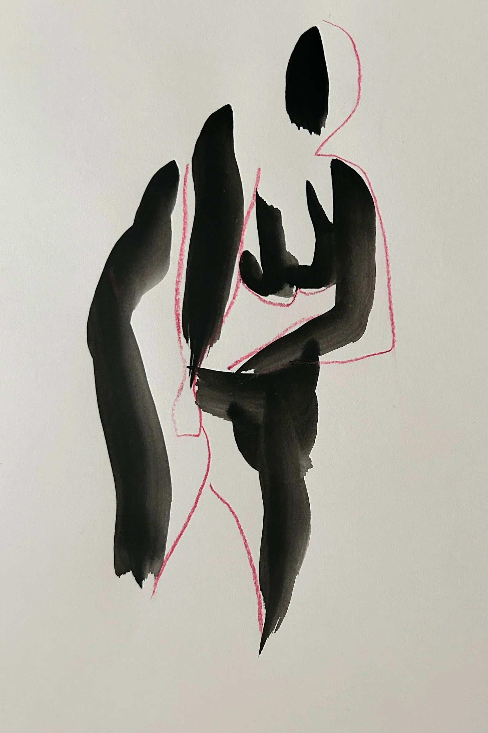Dessin artistique d'une silhouette féminine esquissée avec des traits noirs et des lignes roses, représentant une pose suggestive.