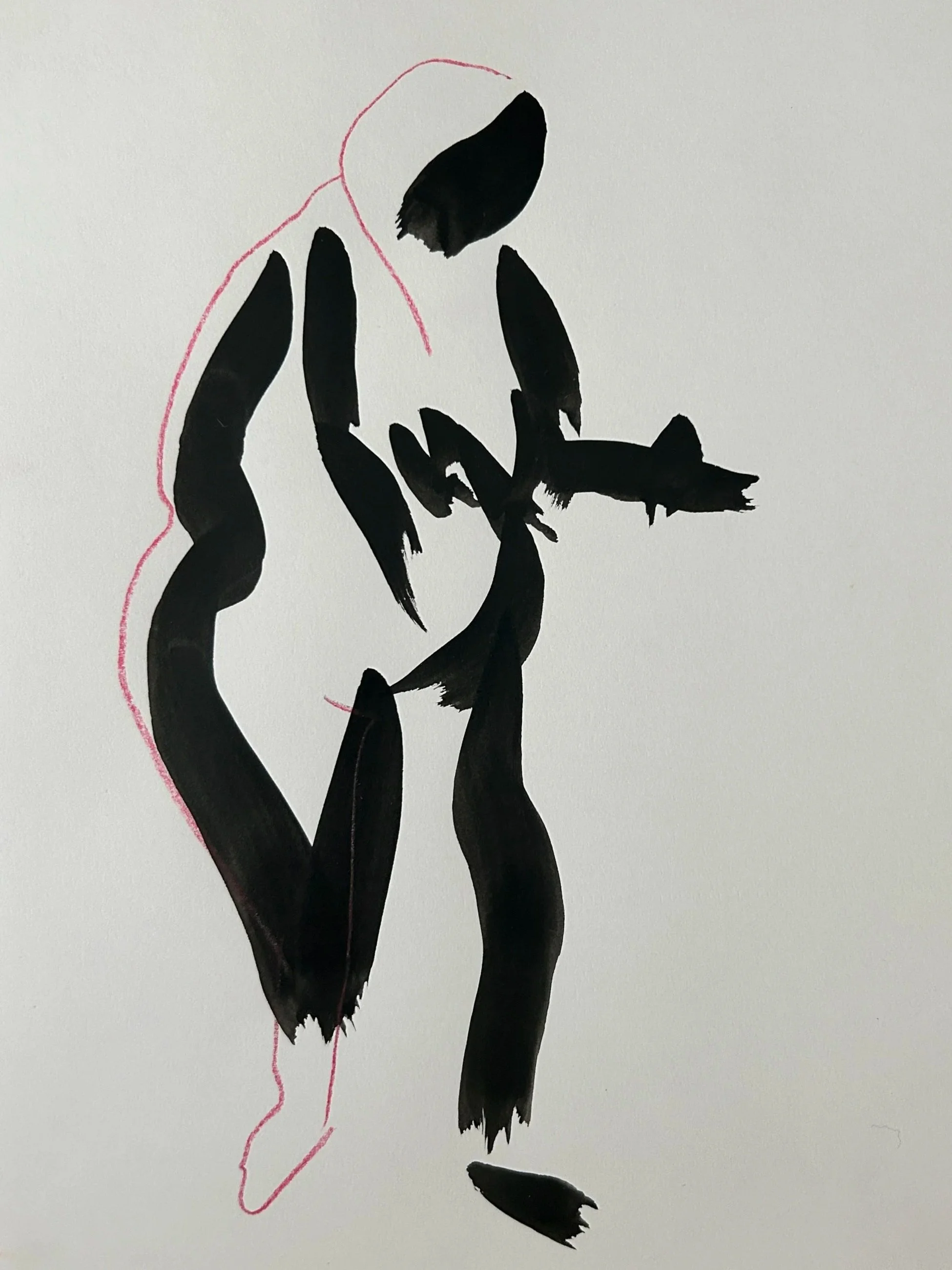 Peinture abstraite représentant la silhouette d'une femme en noir avec des traits fins en rouge.