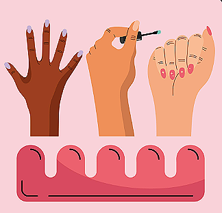 Illustration of three hands showcasing nail art and a strip of artificial nails. The first hand has dark skin with finished nails, the second hand is holding a nail polish brush, and the third hand shows nails with pink designs. There is a strip of false nails below.