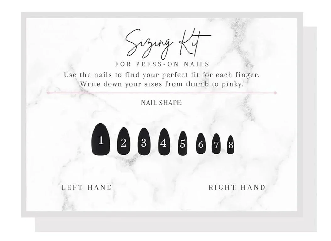A nail sizing kit with black nail images numbered 1 to 8. Directions for press-on nails are at the top, instructing to find the perfect fit for each finger by writing down sizes from thumb to pinky.