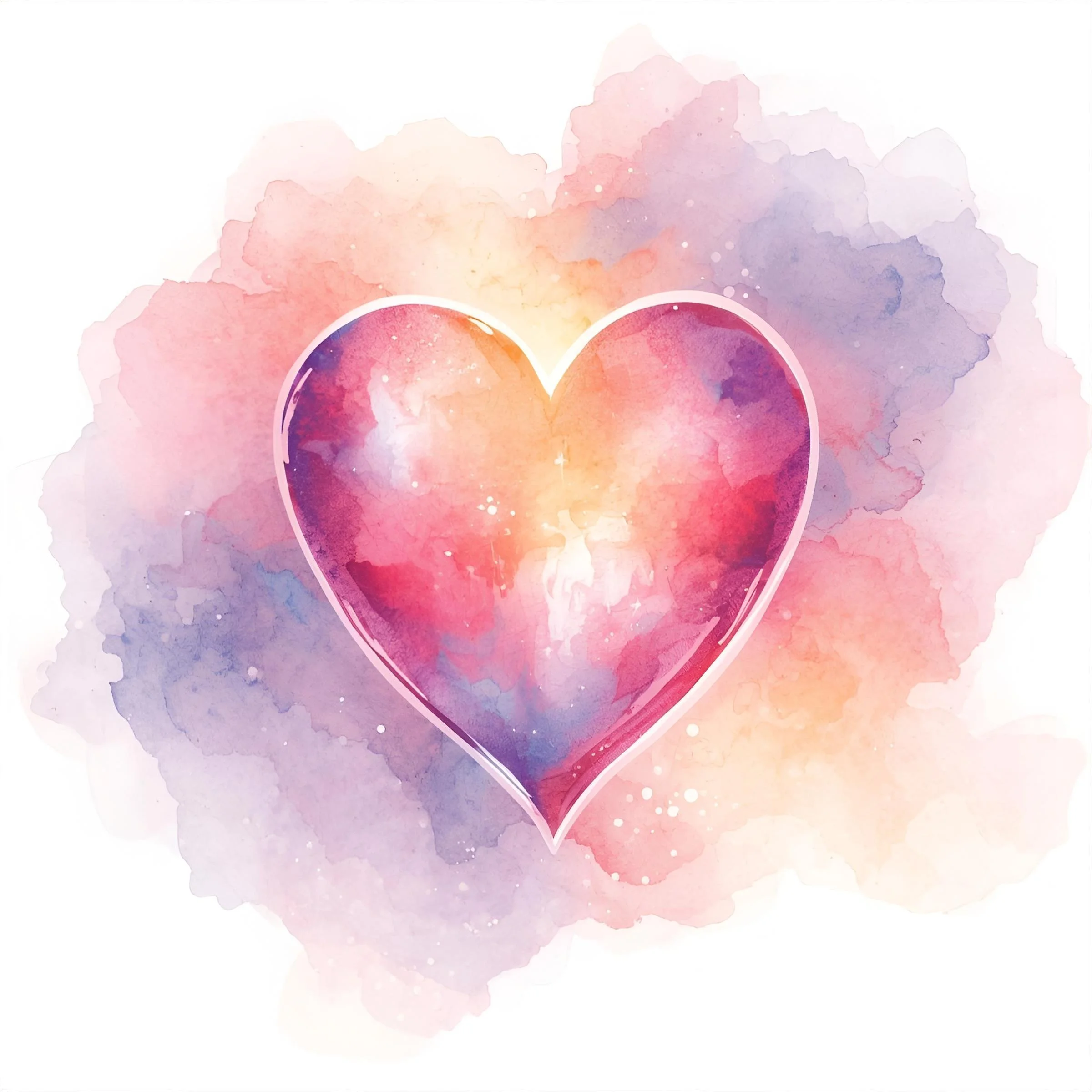 Cœur coloré avec effet aquarelle, entouré d'un fond pastel de nuances roses, violettes et orangées.