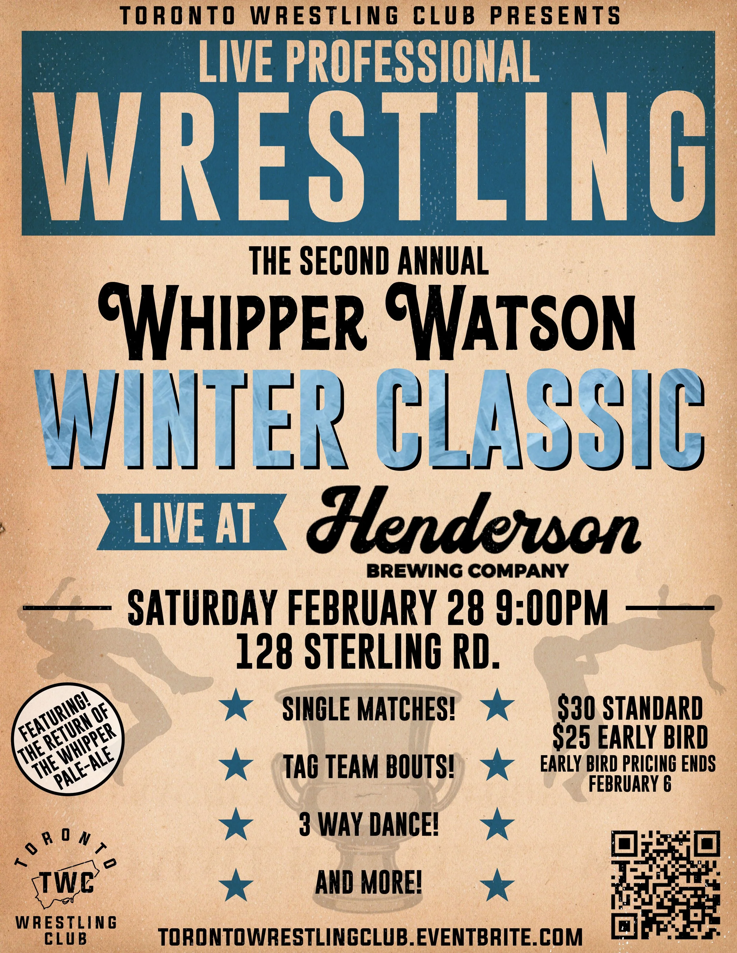 Event poster for a The Whipper Watson Winter Classic at Henderson Brewing Company, scheduled for Saturday, February 28 at 9:00 PM at 128 Sterling Road, with details on match types and prices.