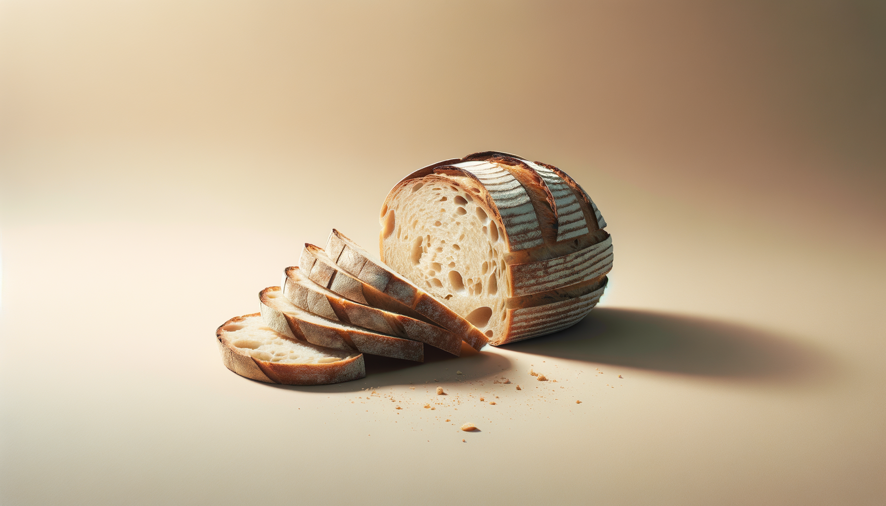 Een gesneden stuk wit brood met een raspvormige structuur en een korst, ligt op een witte ondergrond met een zachte tint en een lange schaduw.