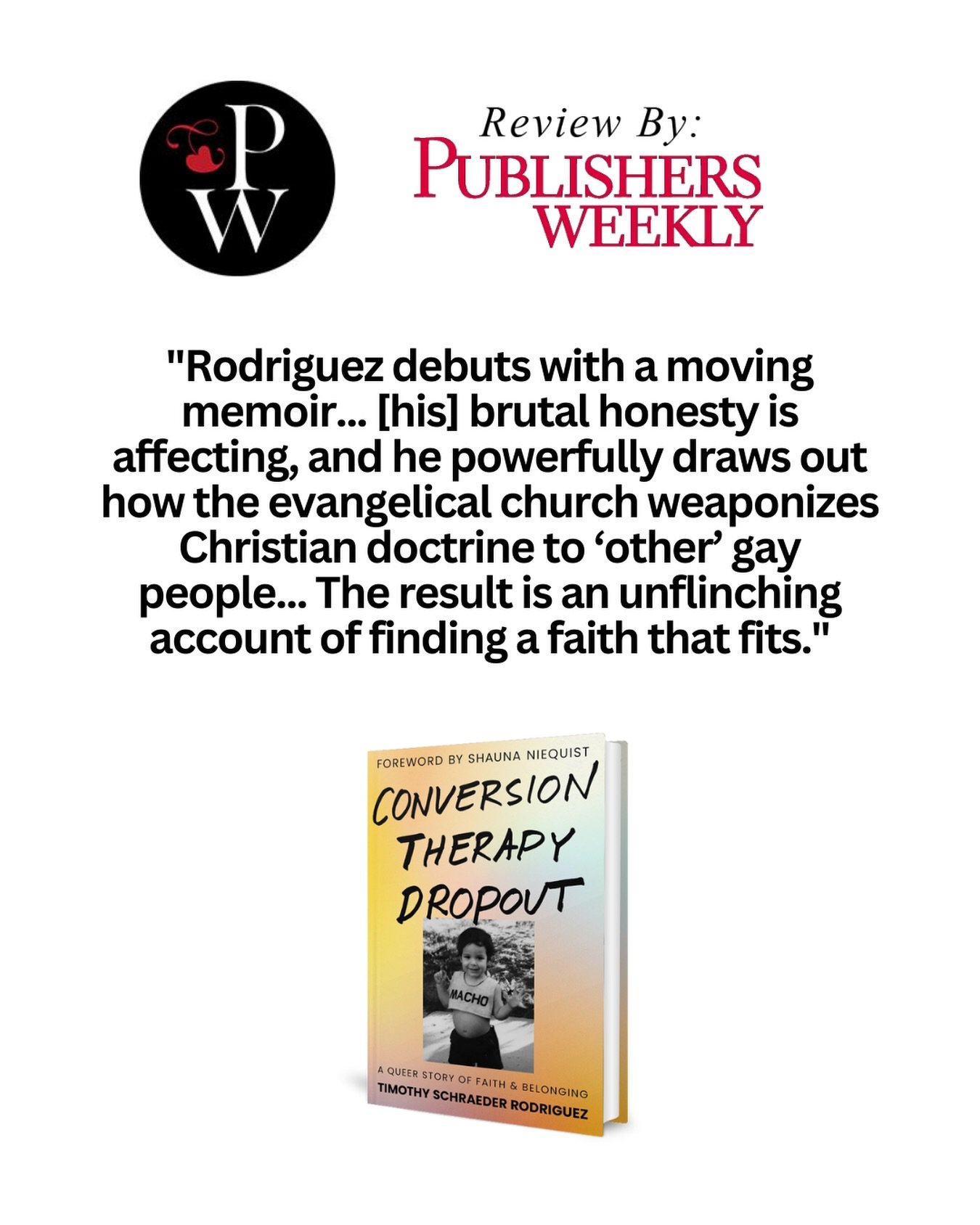 Incredibly honored to share that @publisherswkly called #ConversionTherapyDropout, a &ldquo;strong debut&rdquo; and a &ldquo;moving memoir.&rdquo;

As someone who spent years trying to keep my faith without losing my soul, having this journey recogni
