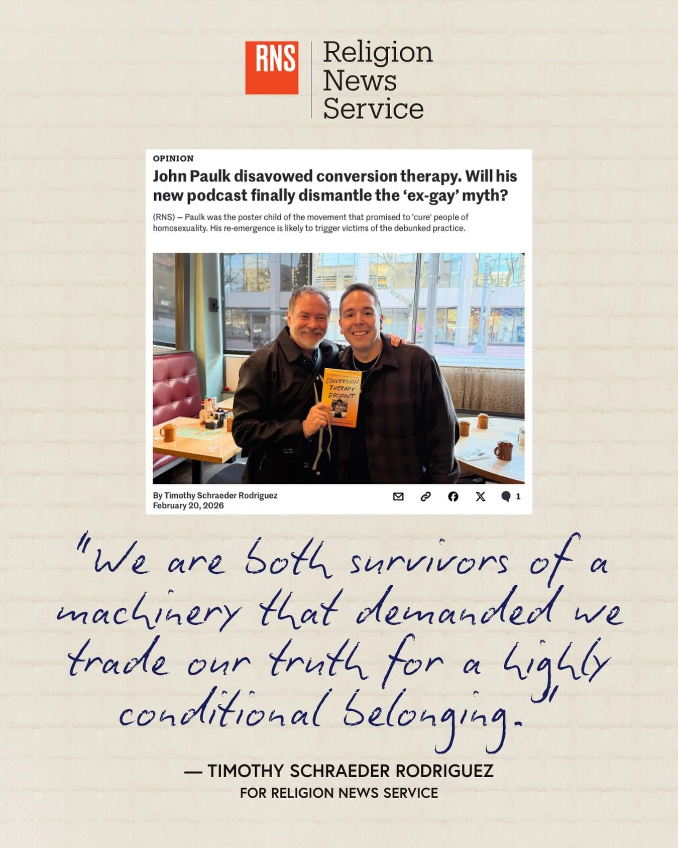 Last month, I sat across from John Paulk. He was once the poster child for conversion therapy, leading @focusonthefamily&rsquo;s &ldquo;Love Won Out&rdquo; events and serving as chairman of the board for Exodus International.

After disavowing the &l