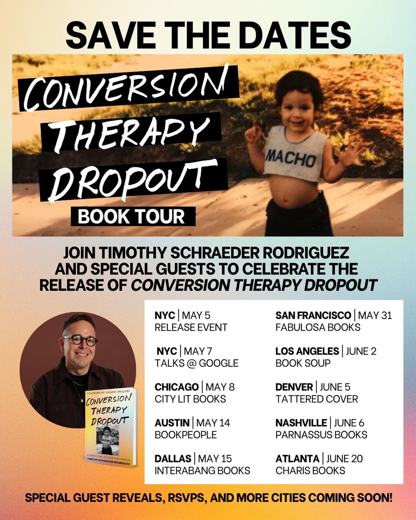SAVE THE DATES: I am hitting the road in May to celebrate the release of #ConversionTherapyDropout. 

I am self-funding this book tour because I want to share my story with as many people as possible. With conversion therapy still legal for minors in