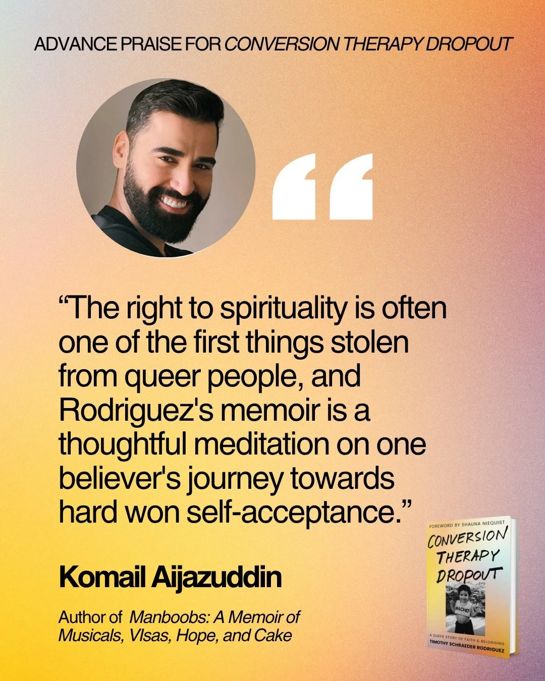&ldquo;The right to spirituality is often one of the first things stolen from queer people...&rdquo;

I felt those words deeply while reading @komailaijazuddin&rsquo;s endorsement for #ConversionTherapyDropout. 

I loved his heartbreaking and triumph