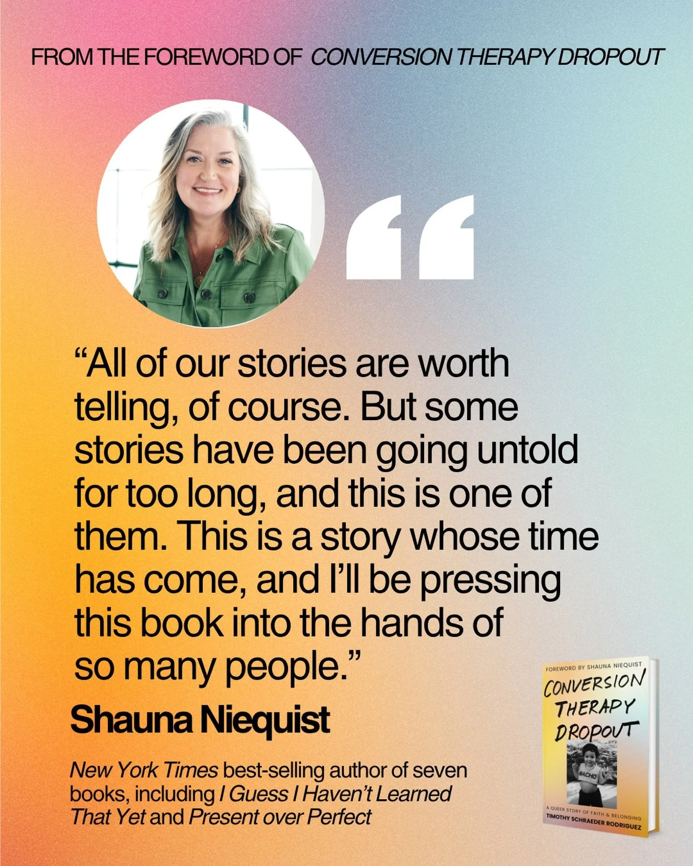 I am so deeply honored that my dear friend and New York Times best-selling author @sniequist penned the foreword for #ConversionTherapyDropout.

Our friendship spans more than a decade, through many different iterations of both of our lives in Chicag