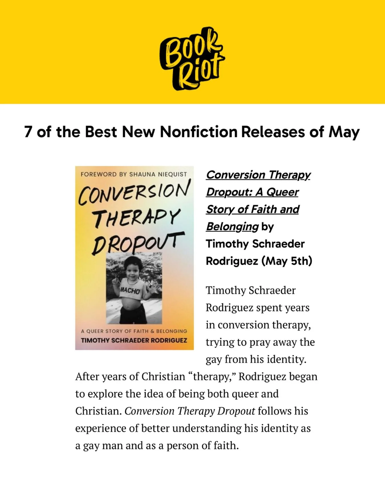 🥹 this was fun news to wake up to. So honored that @bookriot named #ConversionTherapyDropout one of the best nonfiction releases of May. Take their word for it and pre-order your copy! Link in bio.