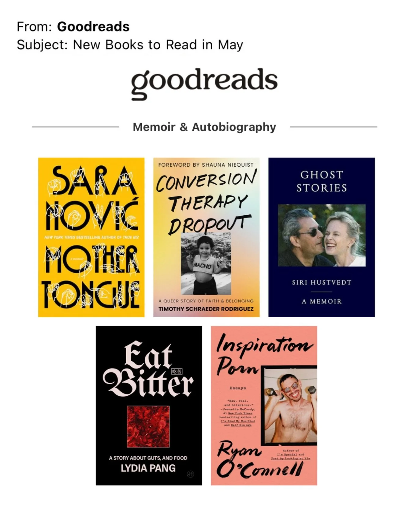 Beyond thankful to be in such great company in @goodreads selection of memoirs in their &lsquo;New Books to Read in May&rsquo; newsletter. Thanks to Goodreads for spotlighting #ConversionTherapyDropout and thanks to all of the readers who have posted