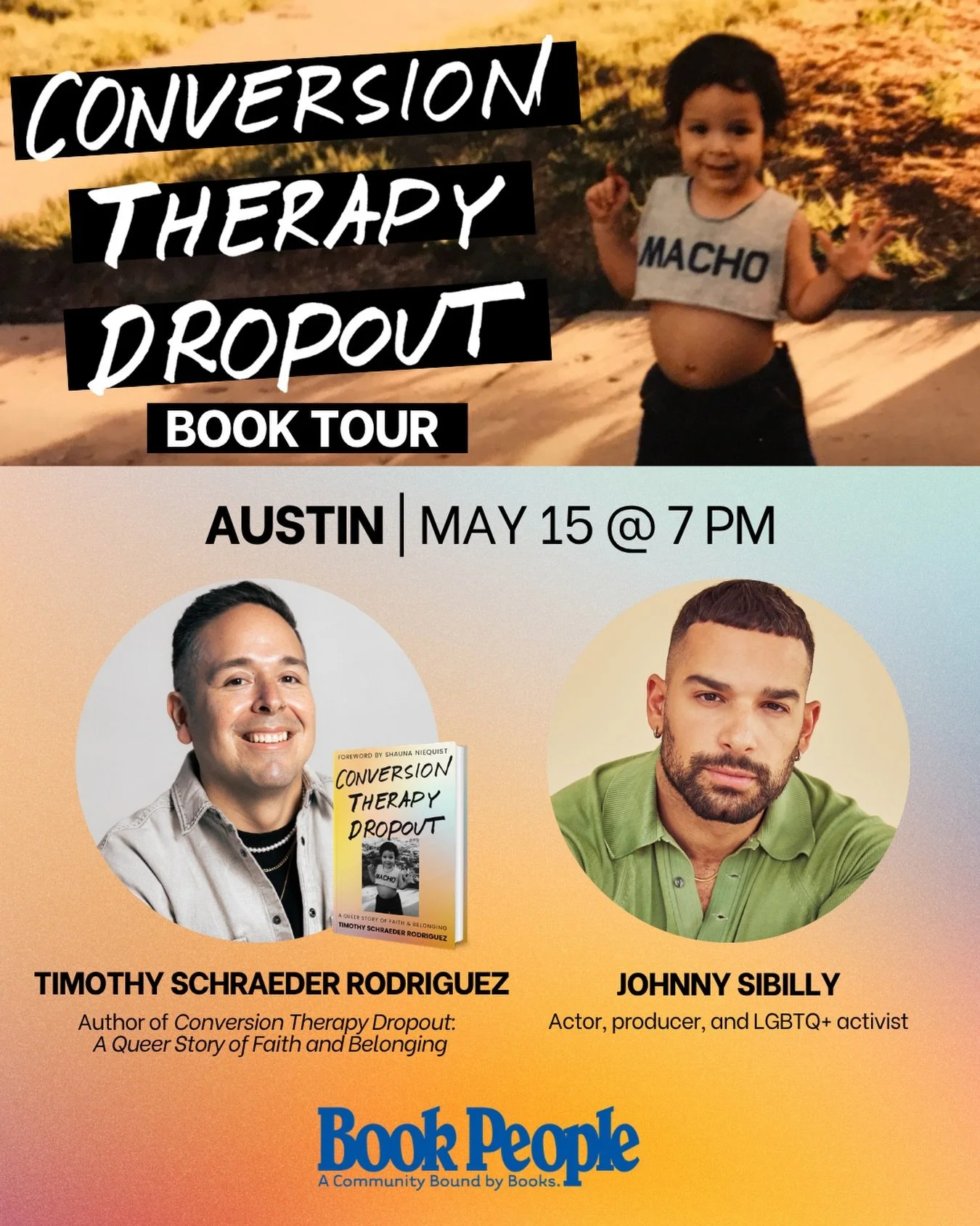 Austin: I am thrilled to share that @johnnysibilly will be joining me for the #ConversionTherapyDropout Book Tour at @bookpeople on May 15!

Jen Hatmaker had a scheduling conflict and can&rsquo;t make it, but have no fear! I will be joining her on he