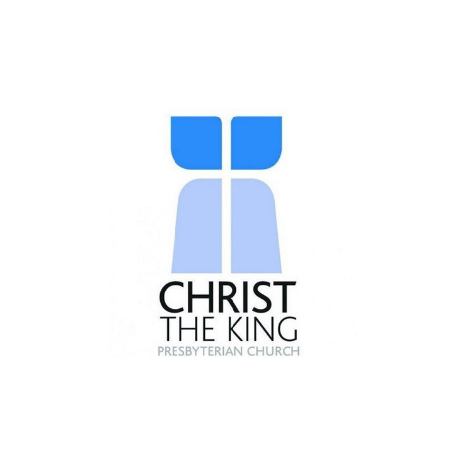 Logo for Christ the King Presbyterian Church featuring a stylized blue cross with a reflection and the church name beneath.