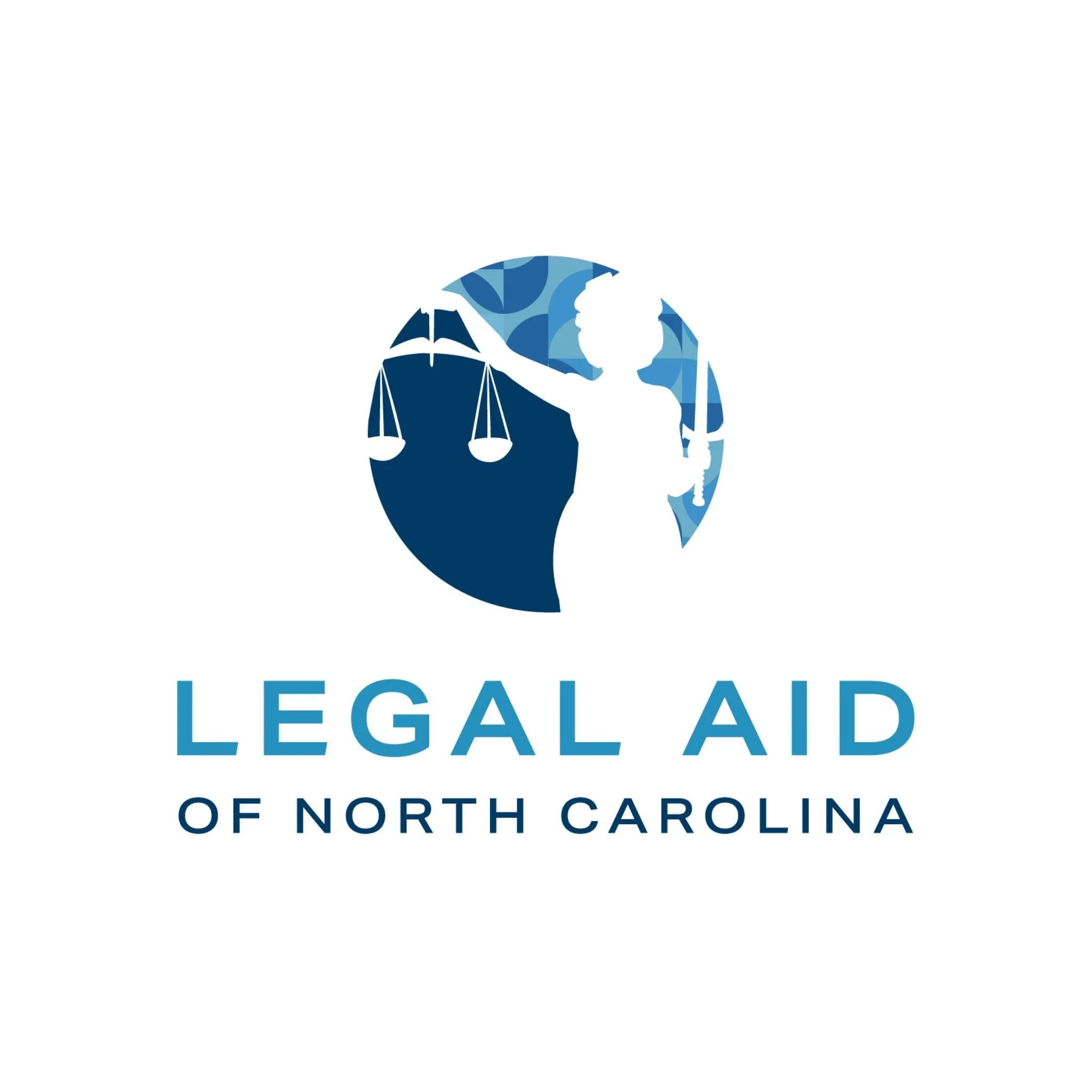 Logo for Legal Aid of North Carolina showing a stylized profile of Lady Justice with a scale, combined with a globe in shades of blue, and the text 'Legal Aid of North Carolina' below.