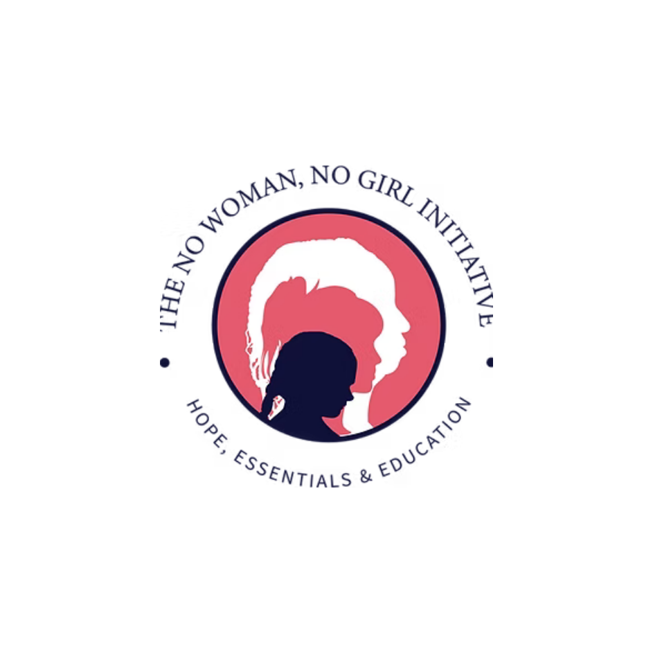Logo featuring silhouettes of a girl, woman, and girl combined, with the text 'The No Woman, No Girl Initiative' and 'Hope, Essentials & Education'.