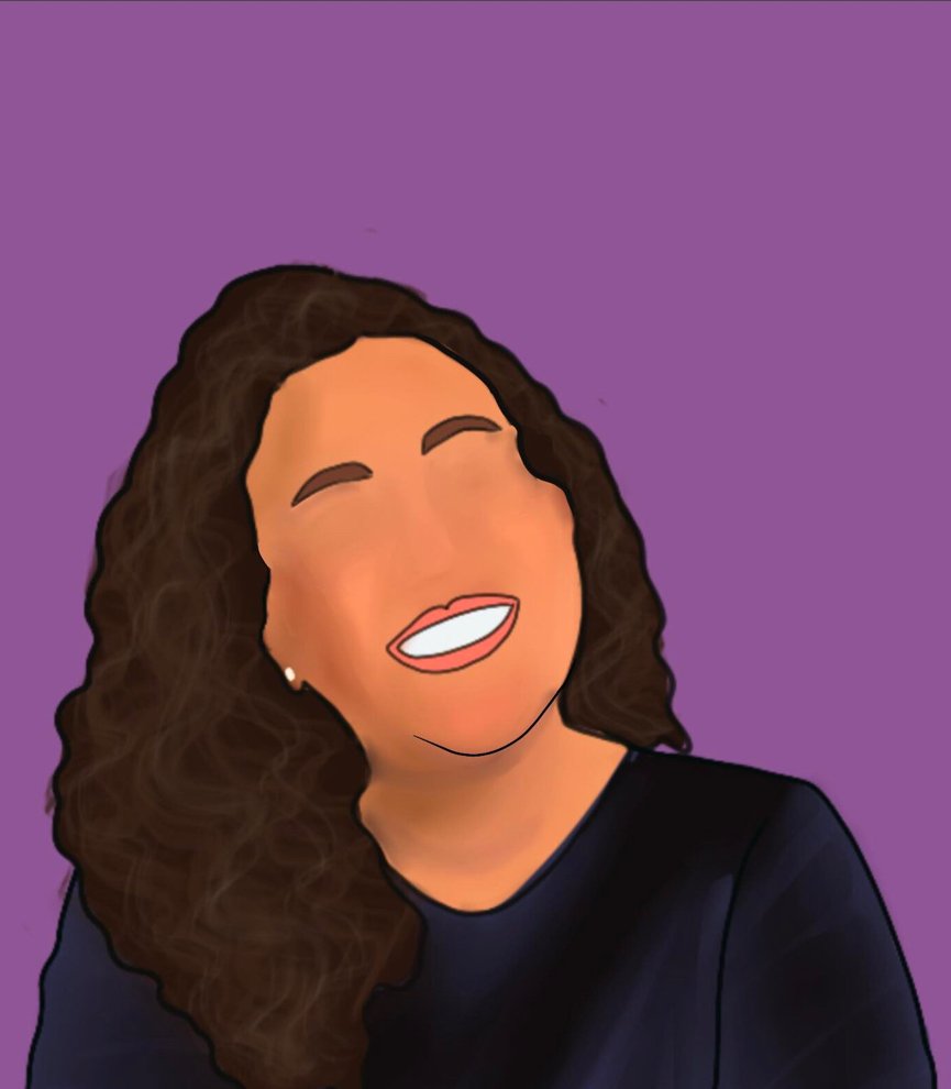 A digitally illustrated woman with long, curly brown hair, smiling with closed eyes, wearing a black top against a purple background.
