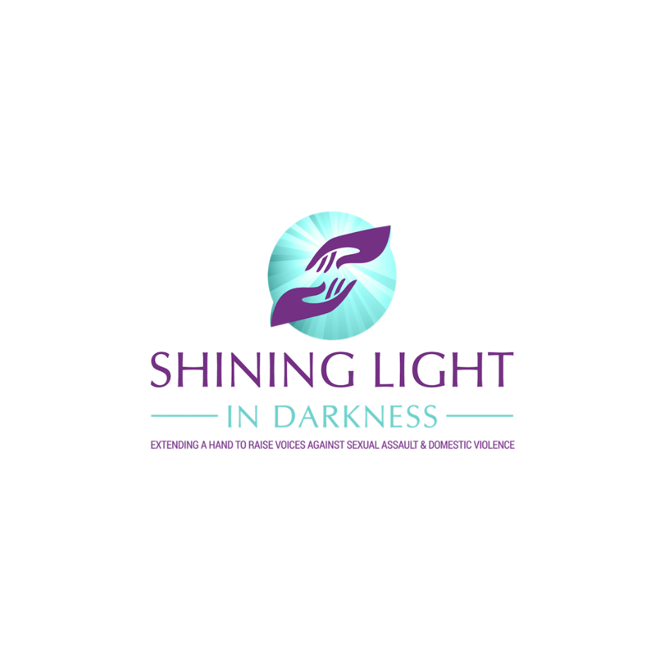 Logo for Shining Light in Darkness organization with two purple hands reaching towards each other inside a blue circle with rays of light, and text about raising voices against sexual assault and domestic violence.