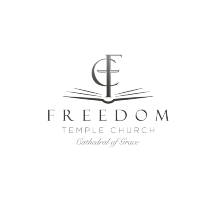 Logo for Freedom Temple Church with an open book and a stylized cross