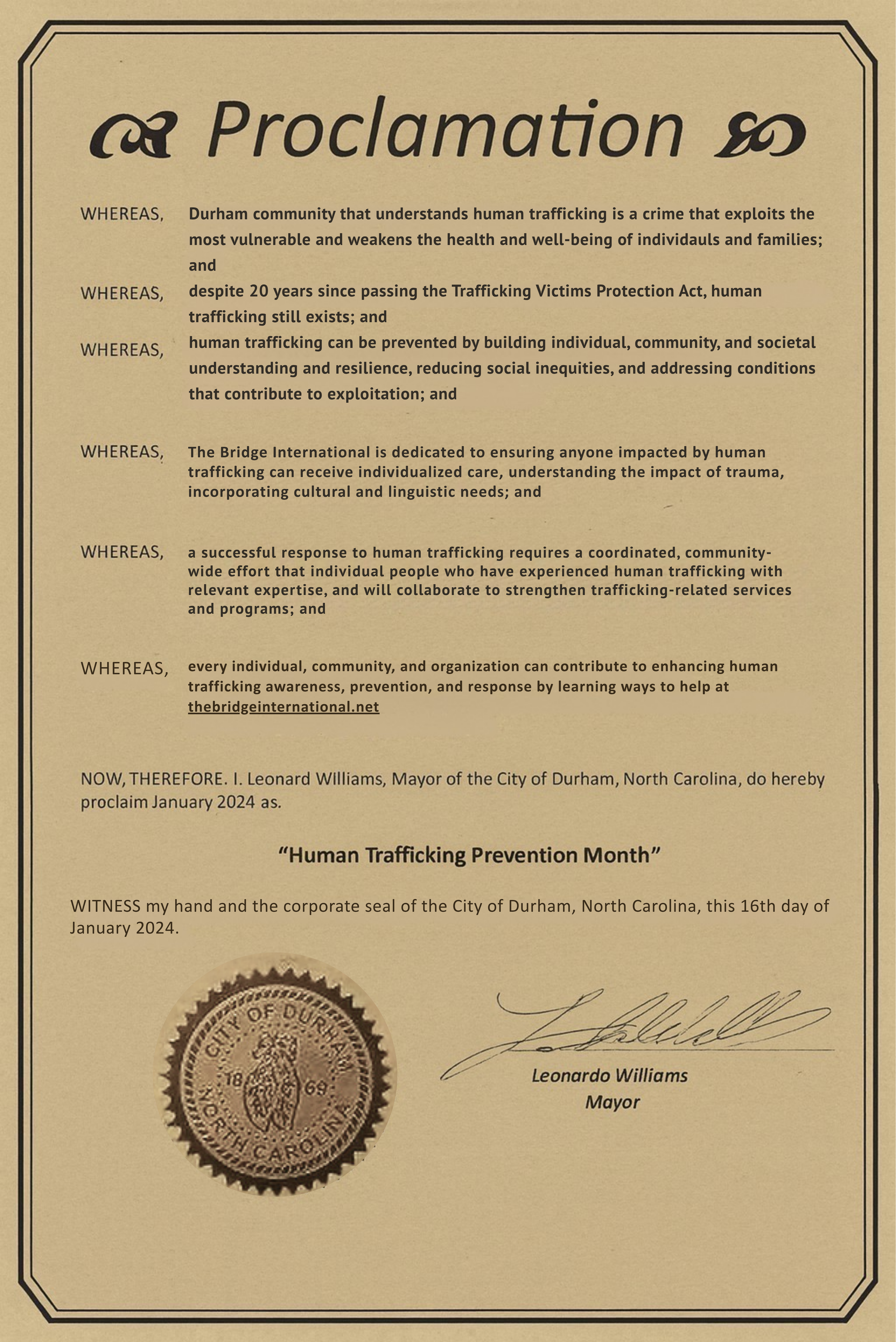 Official proclamation from the City of Durham, North Carolina, declaring January 2024 as Human Trafficking Prevention Month, signed by Mayor Leonardo Williams with the city seal.