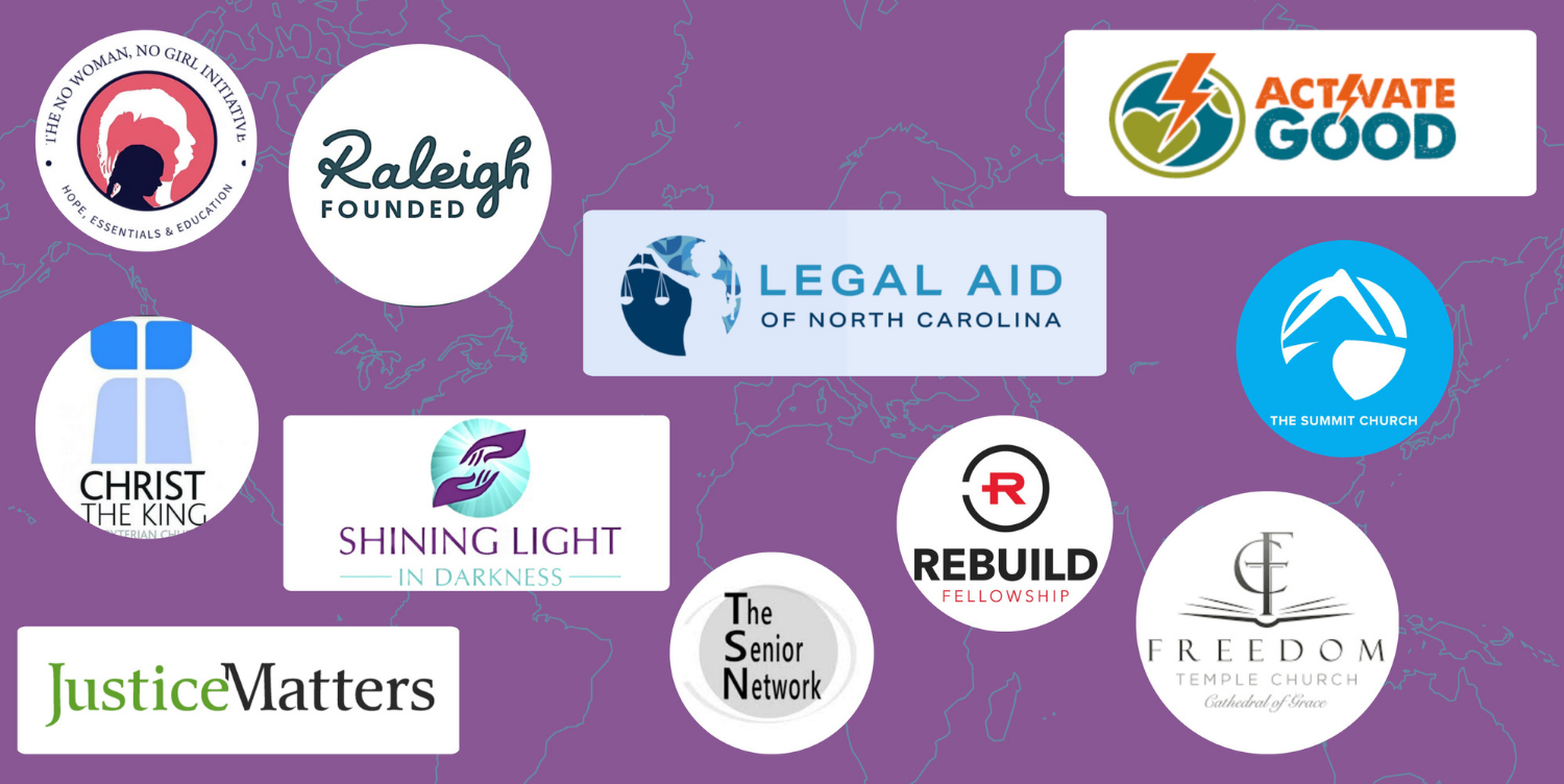 Map of the world with various organization logos overlaid, including Raleigh, Legal Aid of North Carolina, The Summit Church, Christ the King, Rebuild Fellowship, Freedom Temple Church, Justice Matters, Shining Light in Darkness, The Senior Network, and Activate Good.