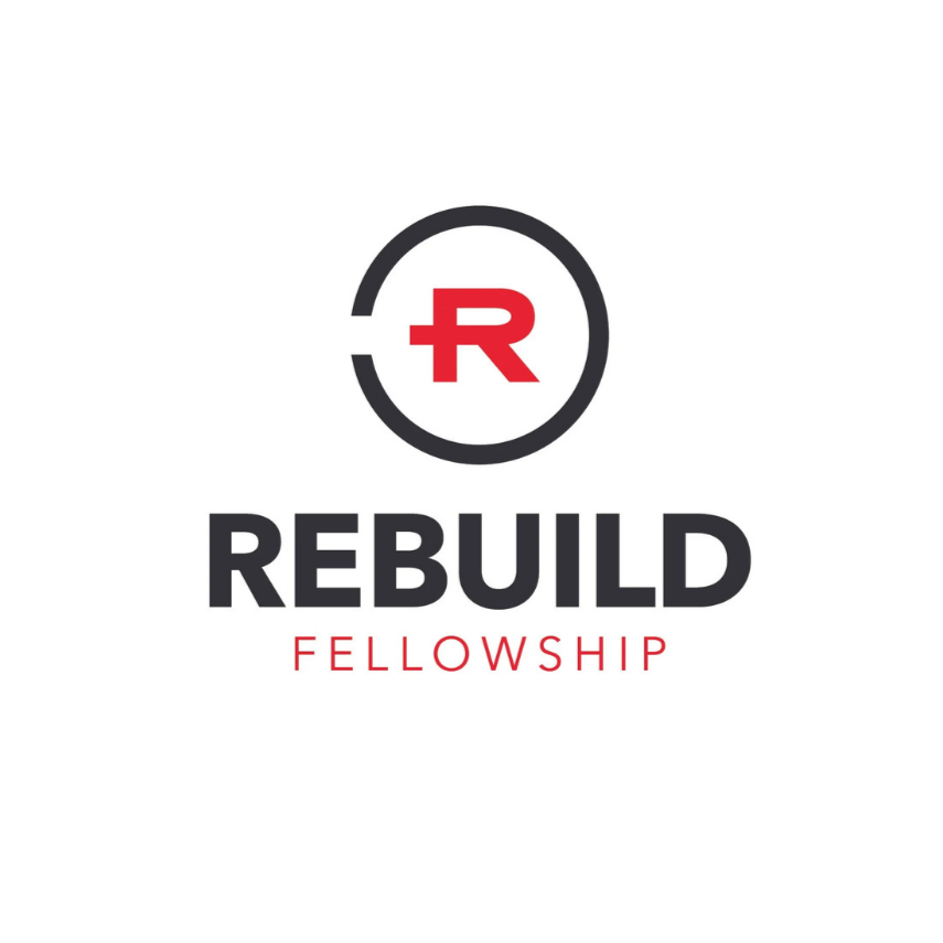 Rebuild Fellowship logo with a black circle, a red letter R inside, the word REBUILD in bold black letters, and FELLOWSHIP written in red below.