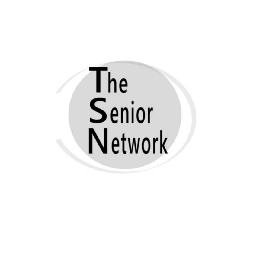Logo for The Senior Network featuring black text on a gray circular background.