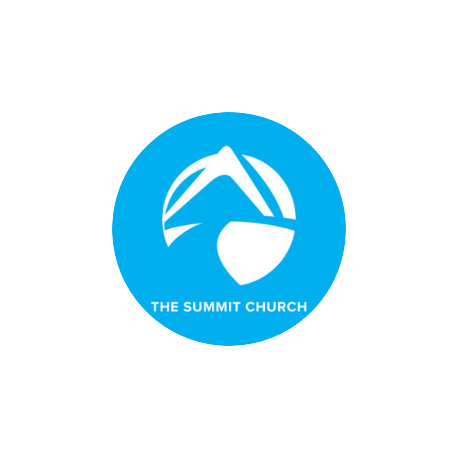 Blue circle logo for The Summit Church with a stylized mountain and shield emblem in white
