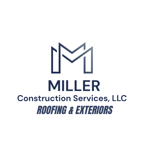 Logo for Miller Construction Services, LLC, featuring a stylized M and text indicating roofing and exterior services.