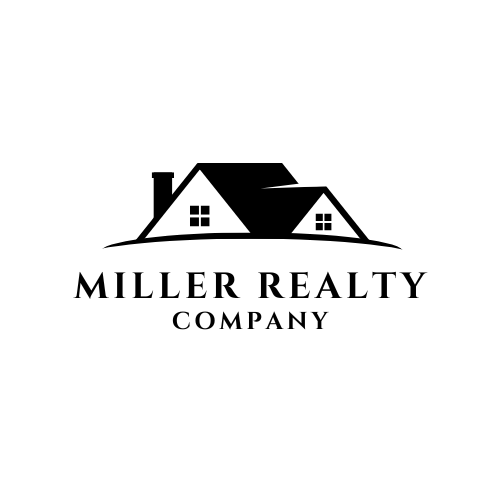 Logo for Miller Realty Company featuring a stylized house with two roofs and a chimney.