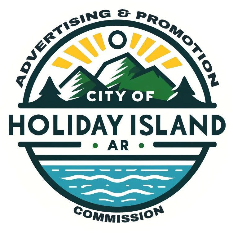 A circular logo featuring a mountain landscape with yellow sun rays, dark green trees, and water below. Text reads: "Advertising & Promotion, City of Holiday Island, AR, Commission."