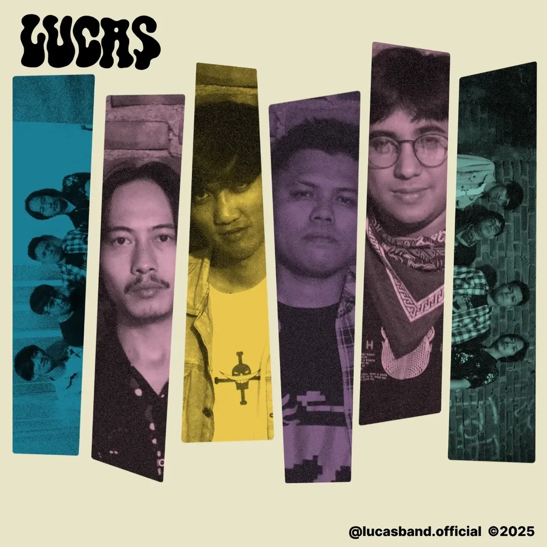 Colorful graphic featuring elf bands, with individual photos of band members arranged in vertical strips, and the word "LUCAS" at the top left corner.
