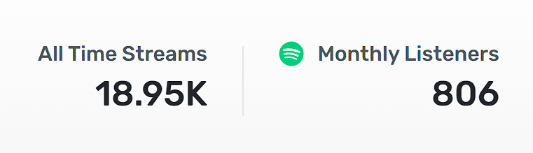 Spotify statistics showing 18,9500 total streams all-time and 806 monthly listeners.
