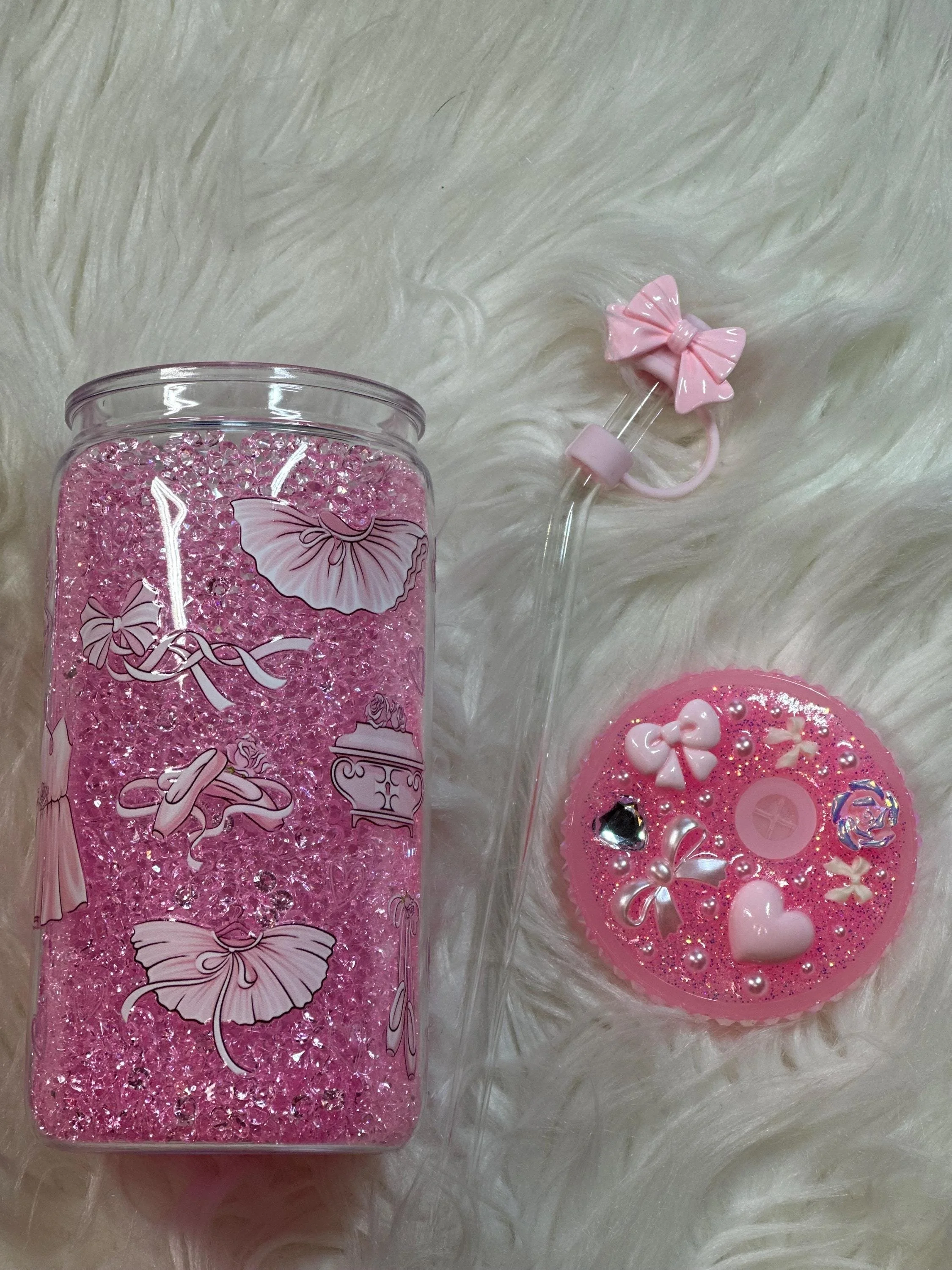 Pink Ballet Coquette Soft Girl Snowglobe Cup filled with pink gems 16oz with Custom Lid and Glass Straw with topper