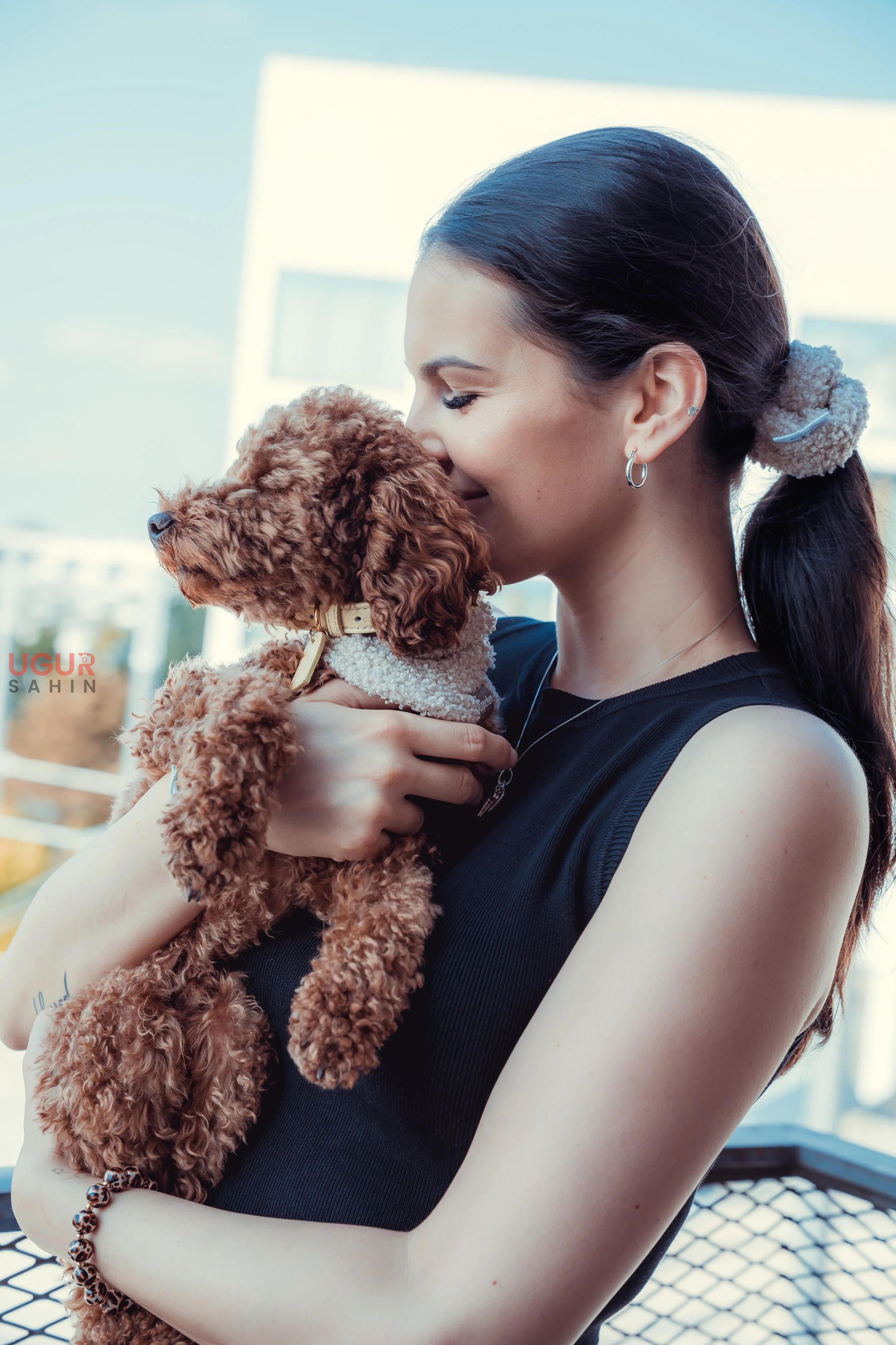 Junge Frau hält einen braunen, lockigen Hund und küssen ihn liebevoll auf die Schnauze.