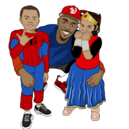 A man dressed casually with two children, a boy and a girl, in superhero and princess costumes, standing together in front of a colorful background.