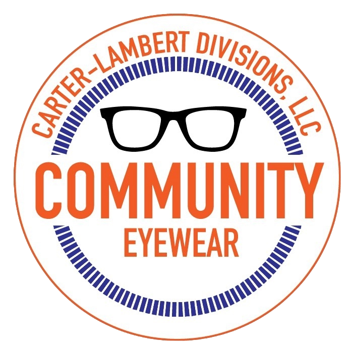 A circular logo for the Carter-Lambert Divisions LLC Community Eyewear event, featuring an illustration of glasses and text in orange and black.