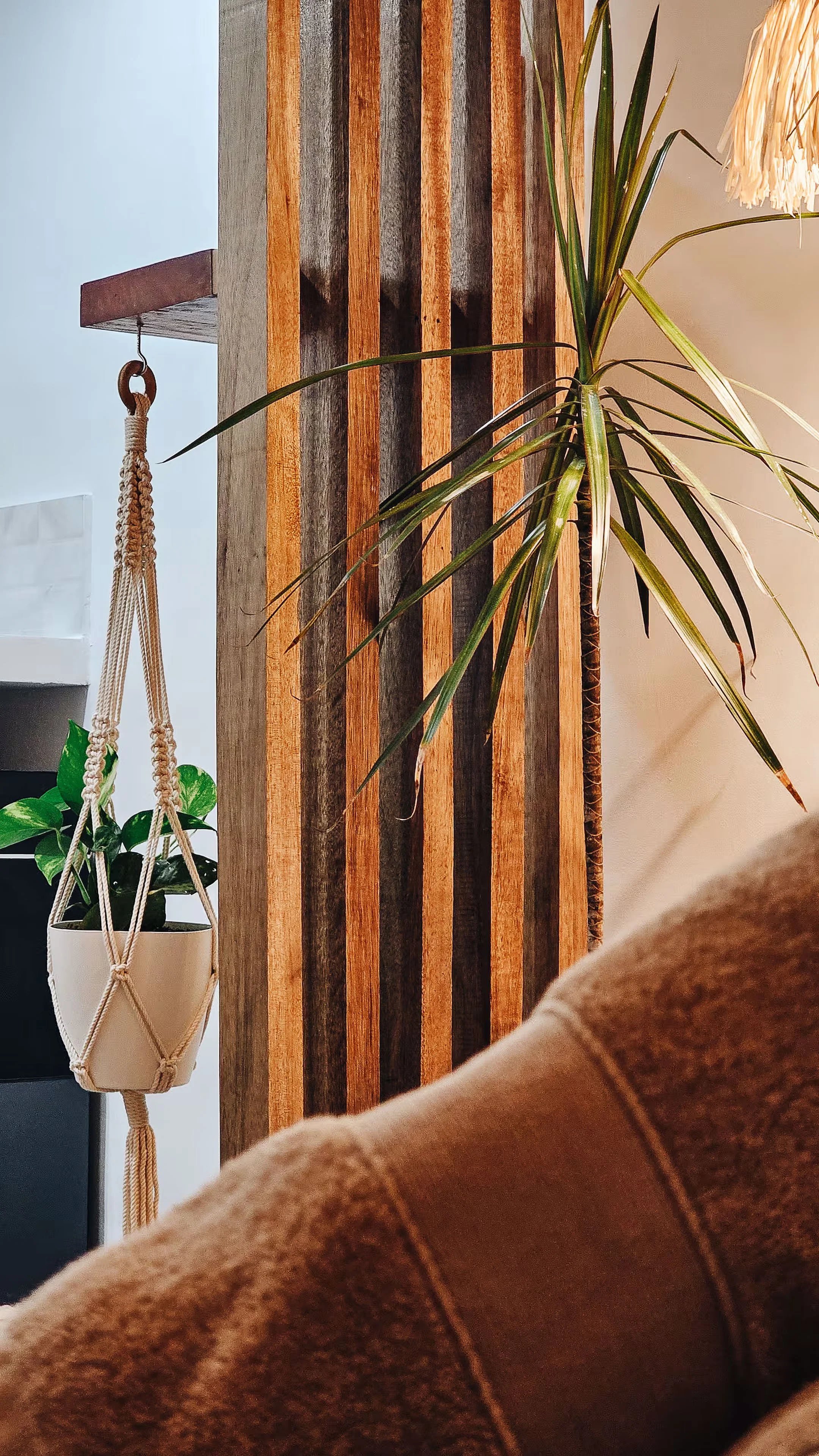 Wooden divider and hanging indoor plants in Room 2 at Surf & Chill Siargao.