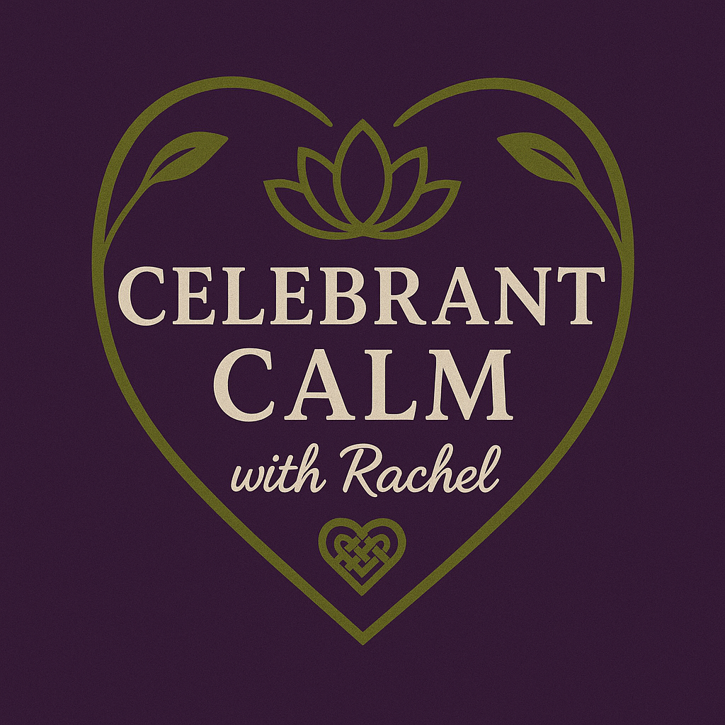 Celebrant Calm with Rachel logo of a moss green leafy heart with a lotus flower at the top and Celtic heart at the bottom, in the middle the white words Celebrant Calm with Rachel.