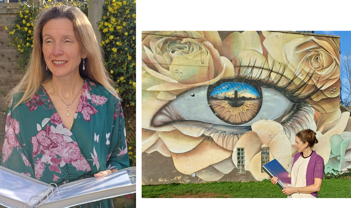 Two photos of Rachel Peatfield with silver celebrant folder - in garden and by mural