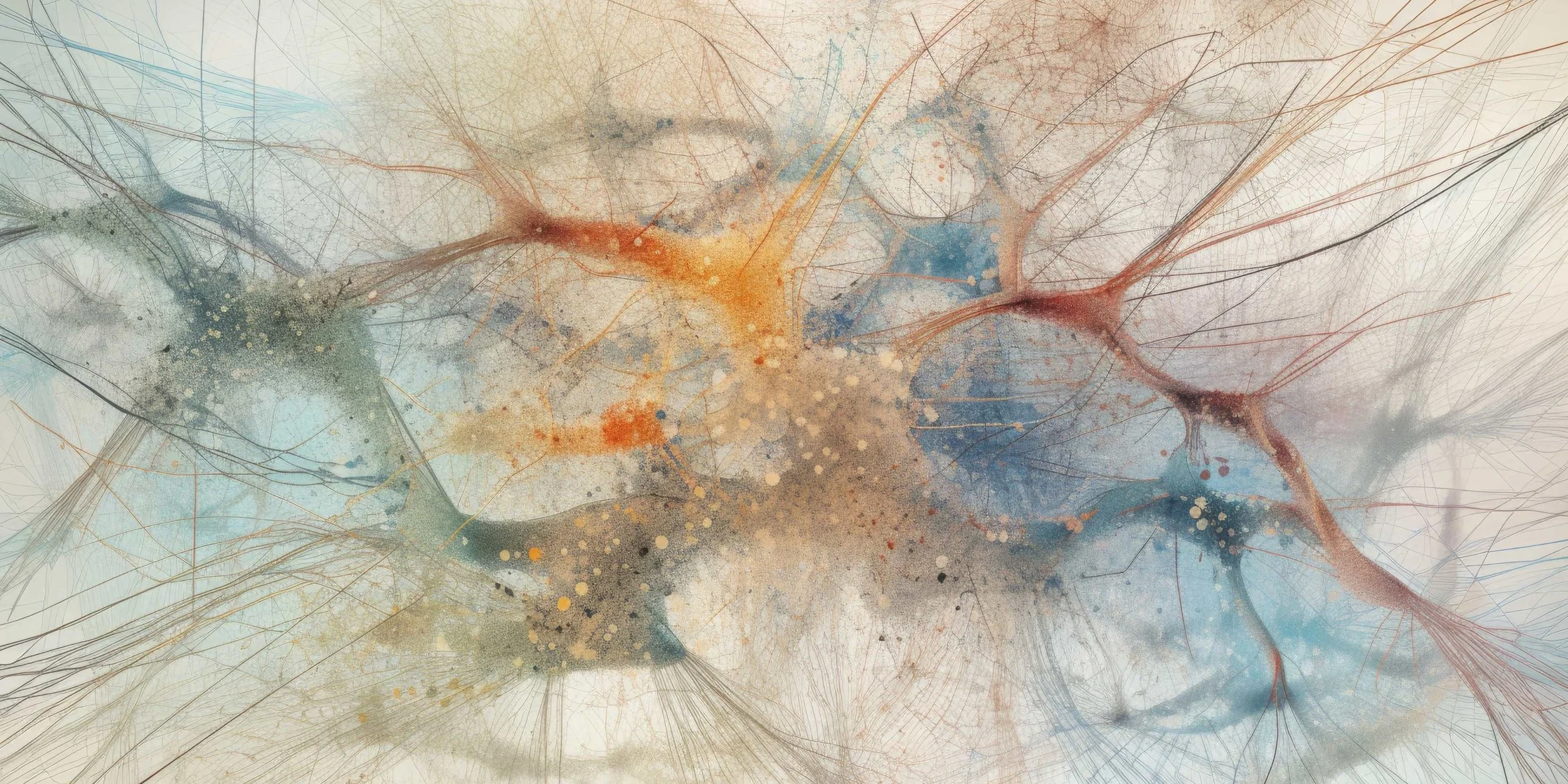 Abstract illustration featuring neural network-like structures with interconnected nodes in earthy tones of orange, blue, beige, and black.