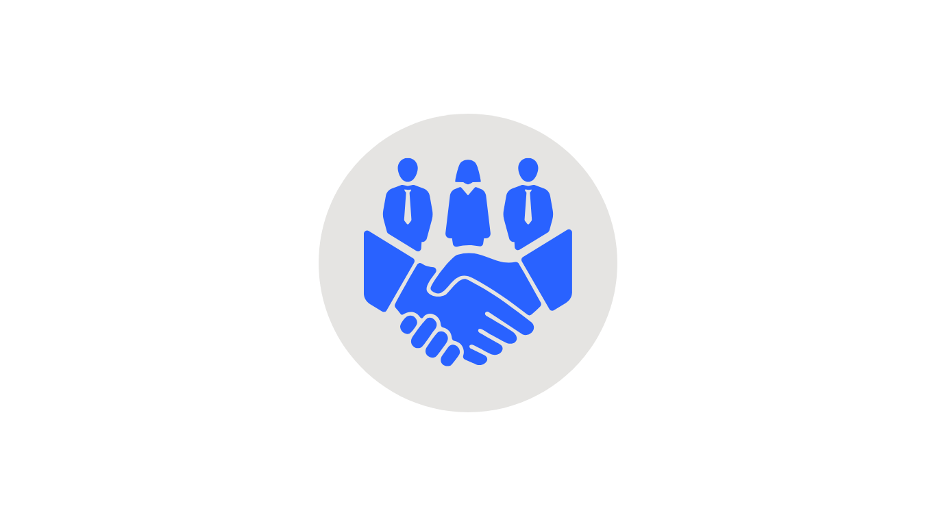 Icon of three businesspeople standing above a handshake, symbolizing partnership or agreement.