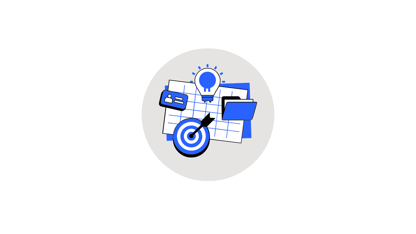 Graphic depicting a target with an arrow, a light bulb, a calendar, a folder, and social media icon, symbolizing goal setting and innovation.