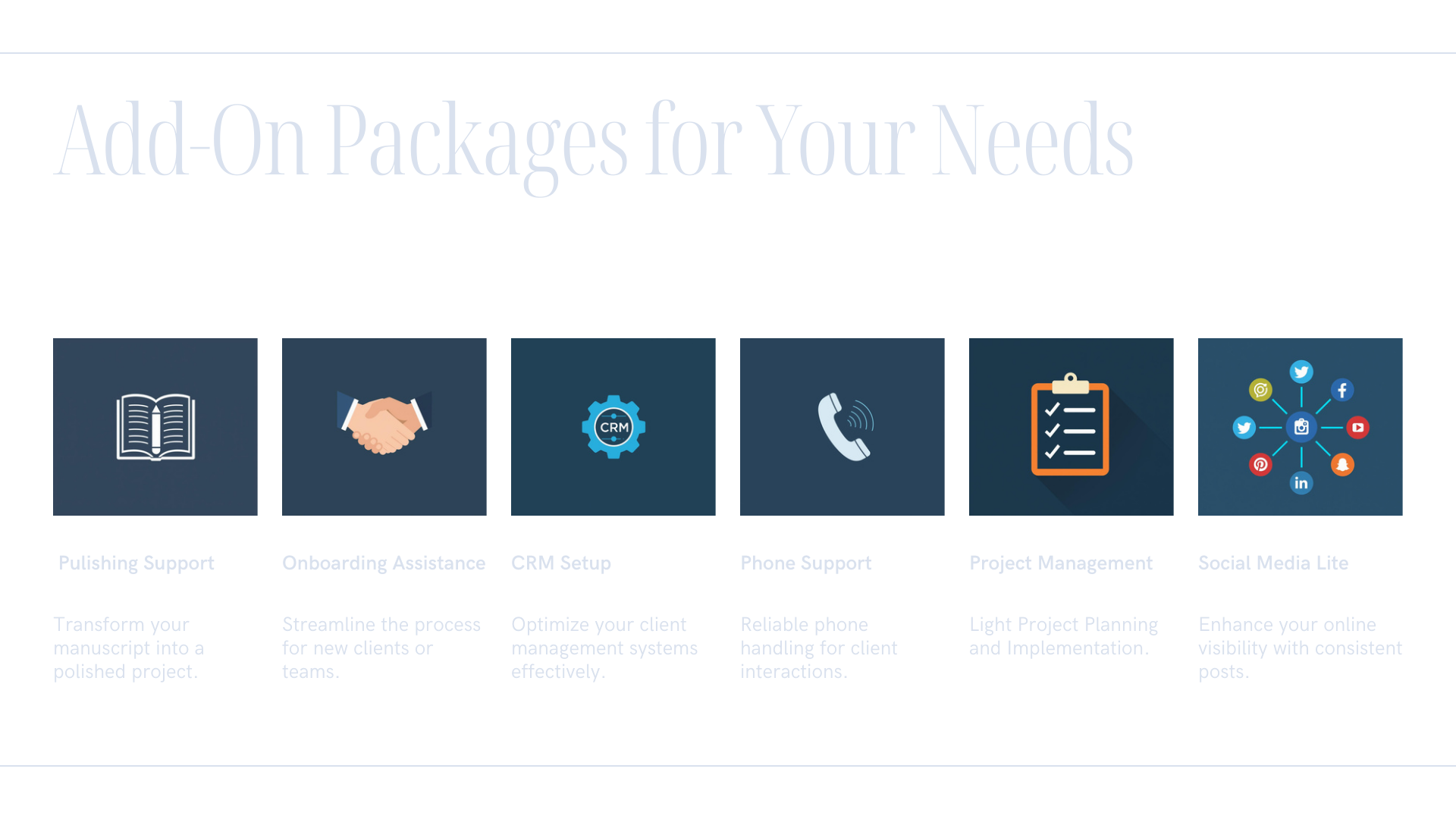 Collection of icons representing a book, handshake, CRM gear, phone, checklist, and social media network.