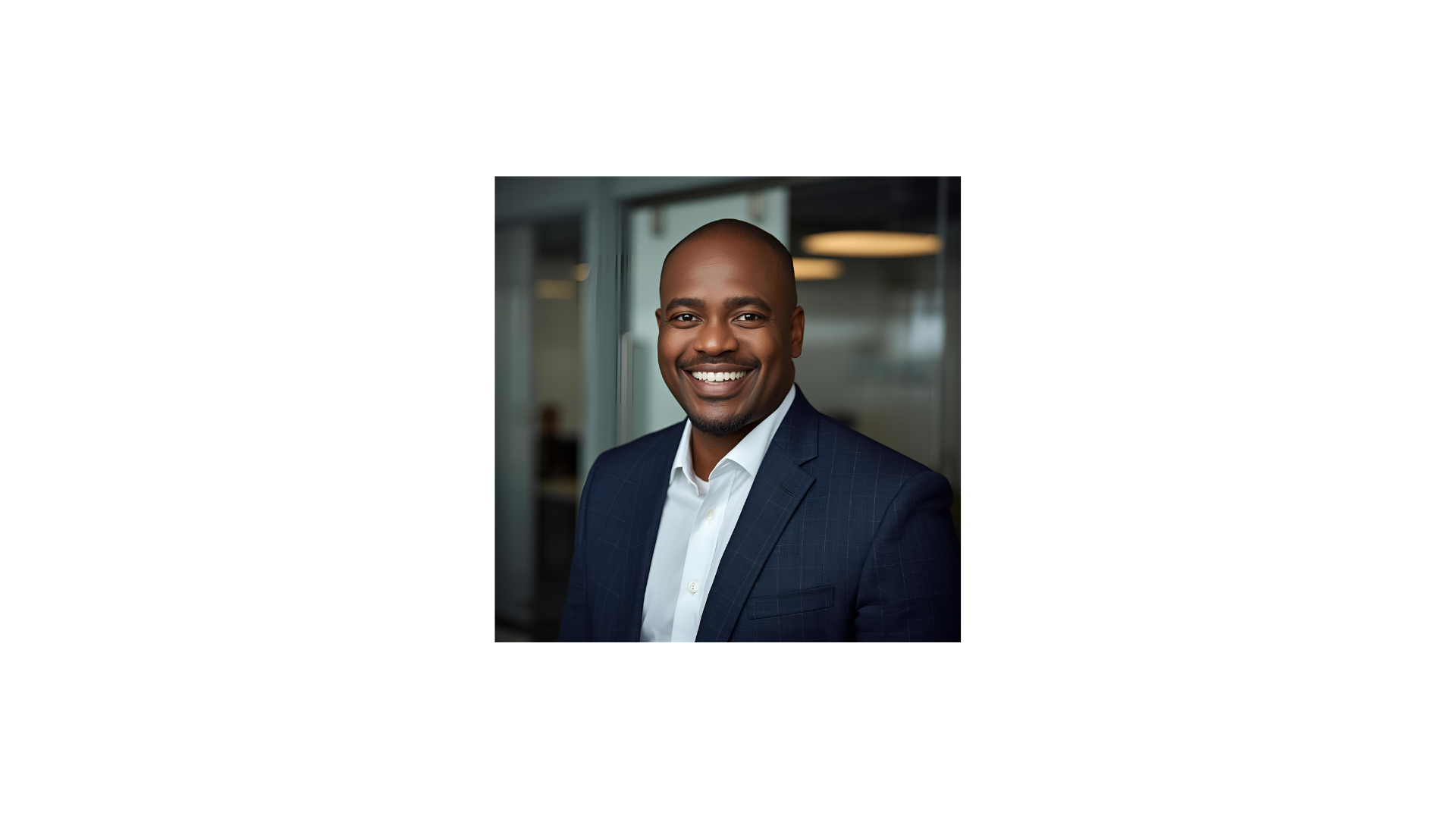 A smiling African American man in a dark blue suit and white shirt, standing in an office environment.