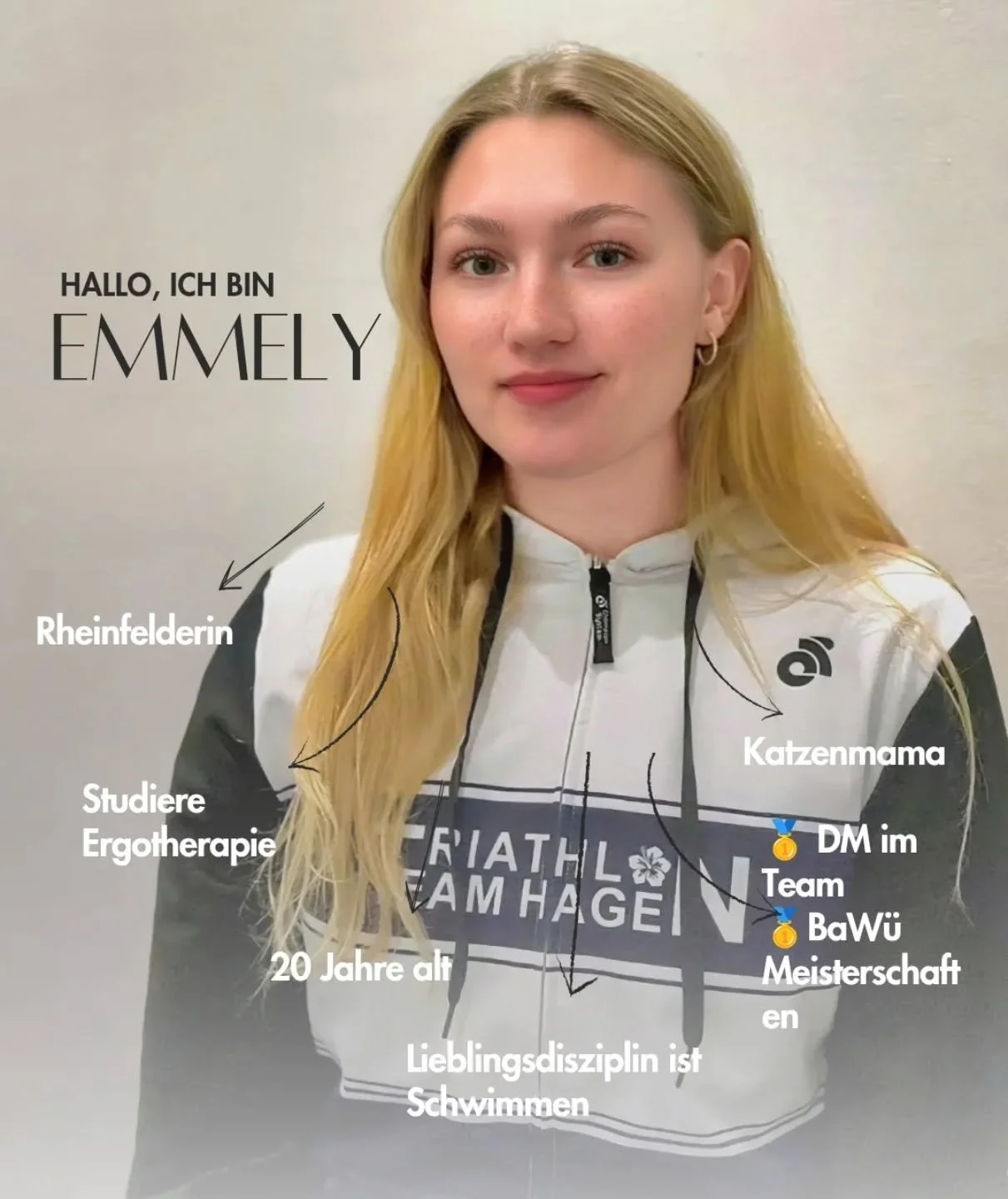 𝗪𝗶𝗿 𝘀𝘁𝗲𝗹𝗹𝗲𝗻 𝘂𝗻𝘀𝗲𝗿 𝗕𝘂𝗻𝗱𝗲𝘀𝗹𝗶𝗴𝗮 𝗧𝗲𝗮𝗺 𝘃𝗼𝗿: ℰ𝓂𝓂ℯ𝓁𝓎

Hallo zusammen,

ich bin Emmely Kaiser, 20 Jahre alt, und wohne in Rheinfelden direkt an der Grenze zur Schweiz. Aktuell studiere ich Ergotherapie und freue mich schon