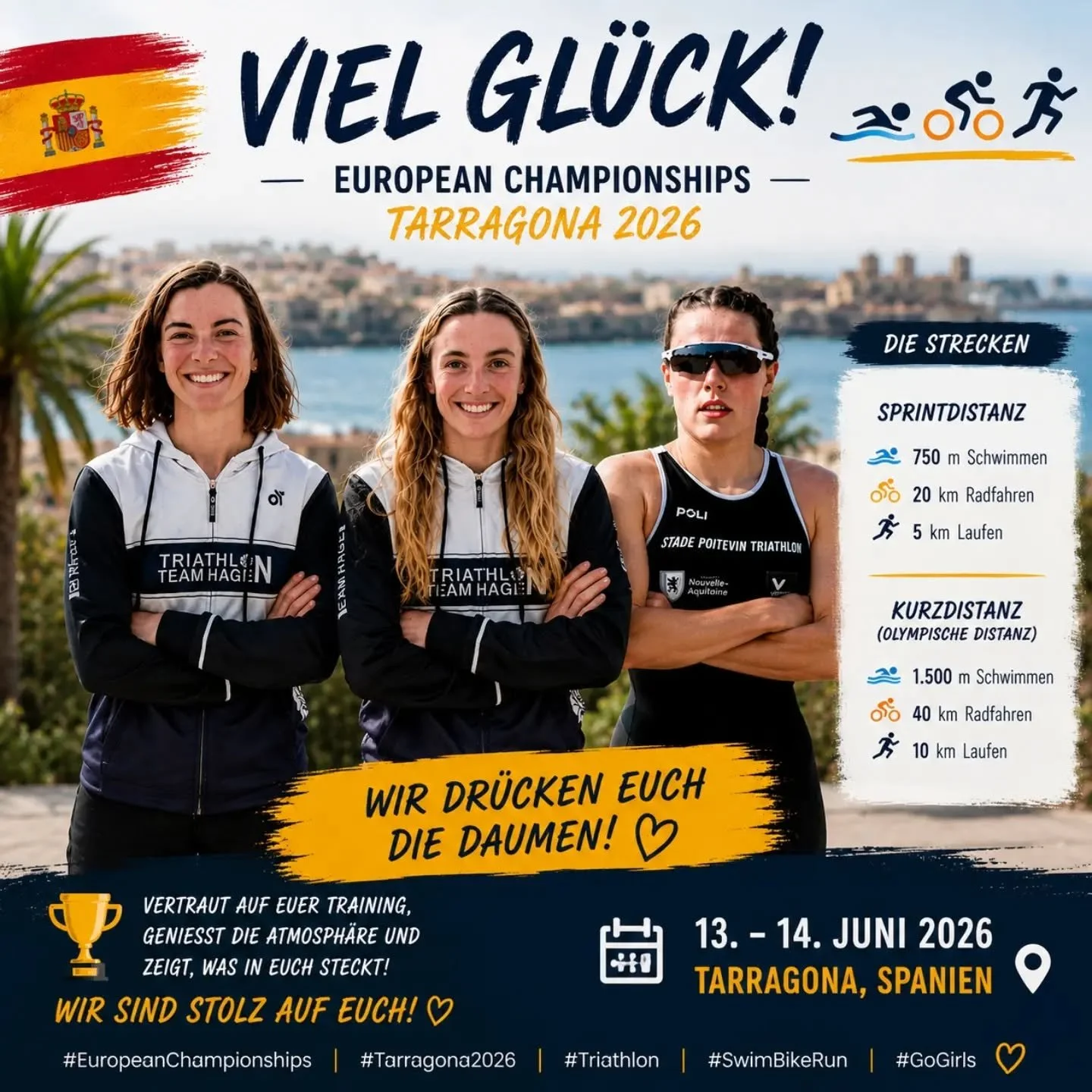 🇪🇸🏊🚴🏃 European Championships Tarragona 2026 🏃🚴🏊🇪🇸

Dieses Wochenende ist es soweit: Unsere M&auml;dels vertreten das Triathlon Team Hagen bei den Europameisterschaften in Tarragona! 💙🤍

Nach vielen Monaten harter Arbeit, unz&auml;hligen T