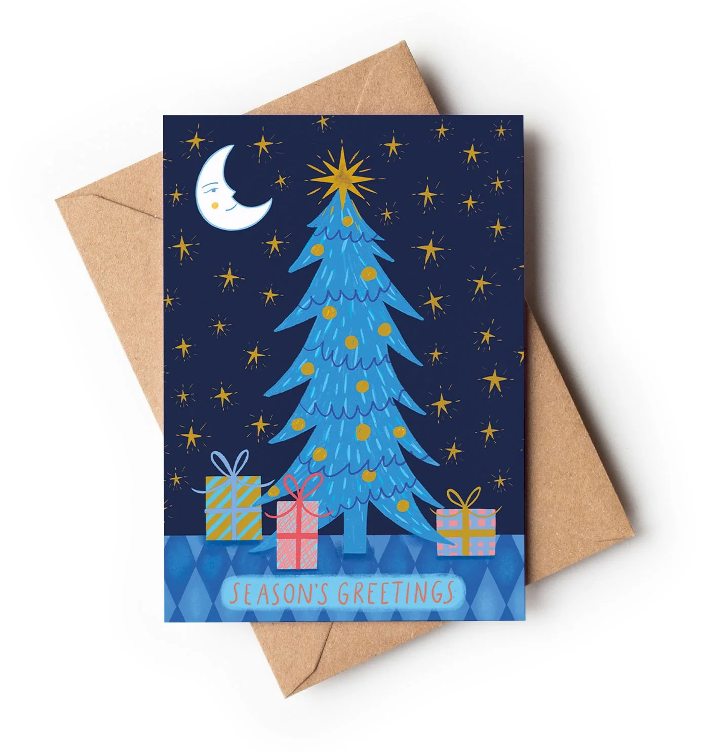 Folk Art Style Blue Christmas Tree / A6 Christmas Card