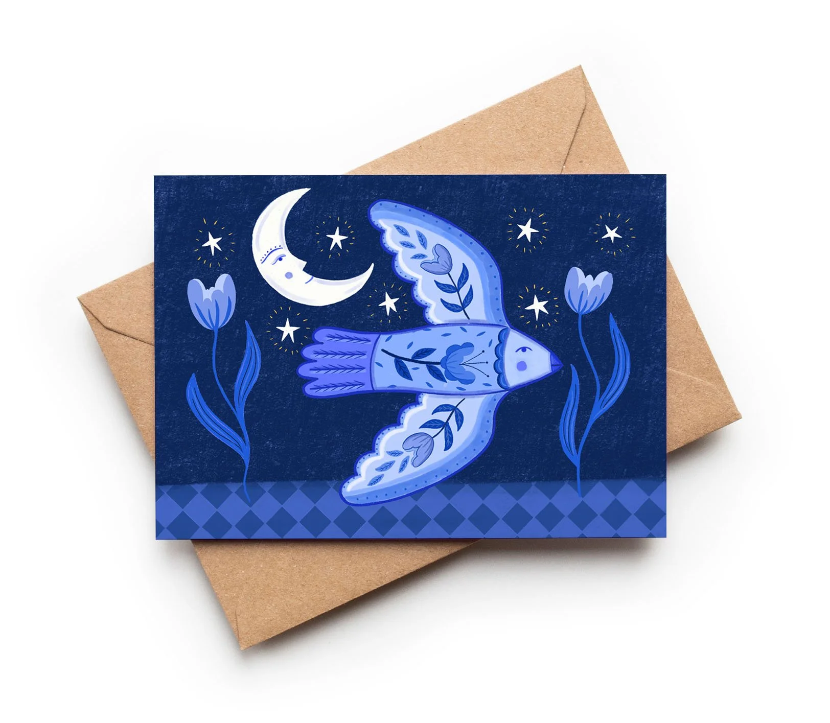 Blue Folk Floral Bird / A6 Blank Everyday Greetings Card