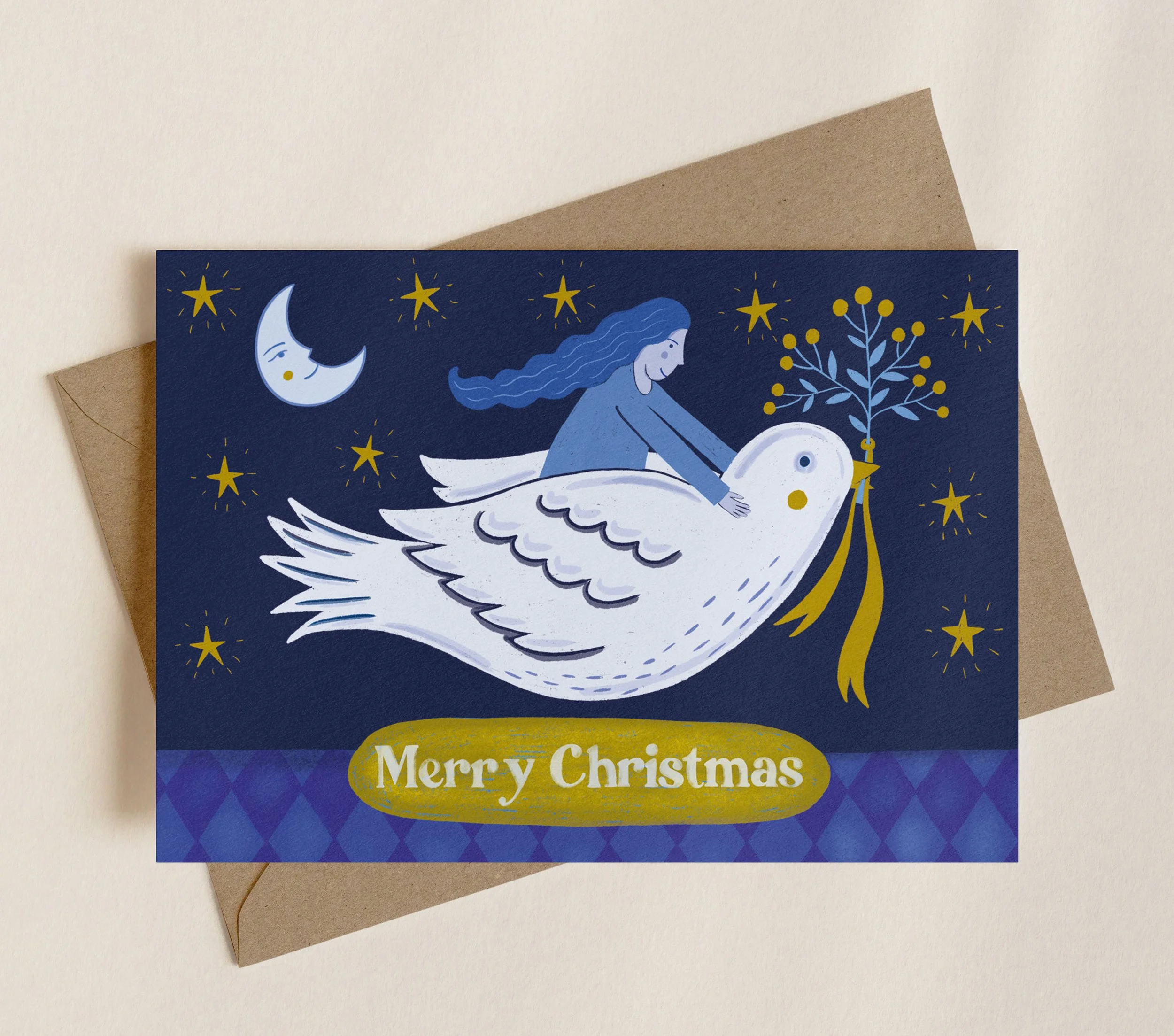 Folk Dove and Girl / A6 Christmas Card